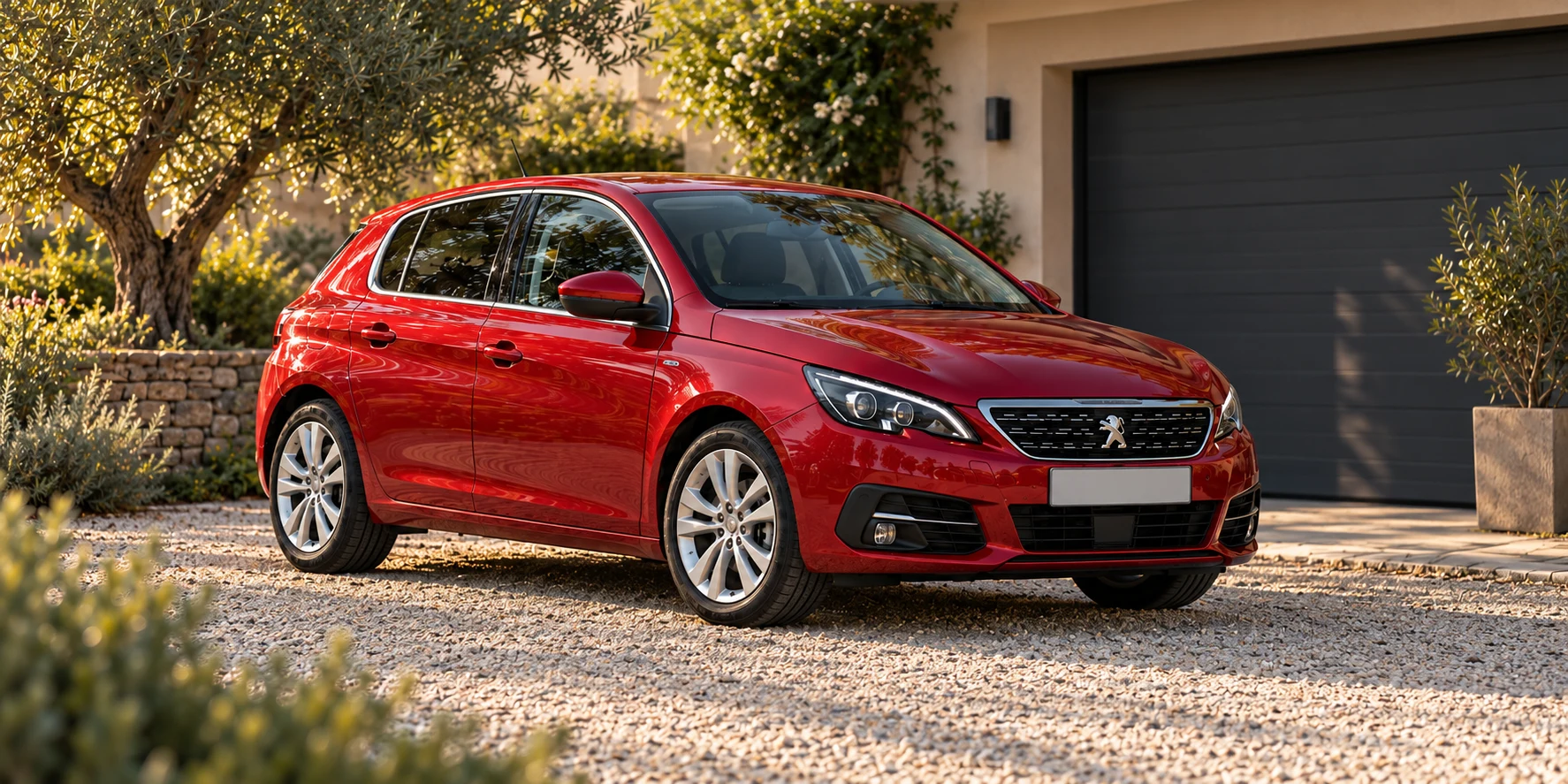Peugeot 308 rouge de série devant un garage, illustration du véhicule de démonstration